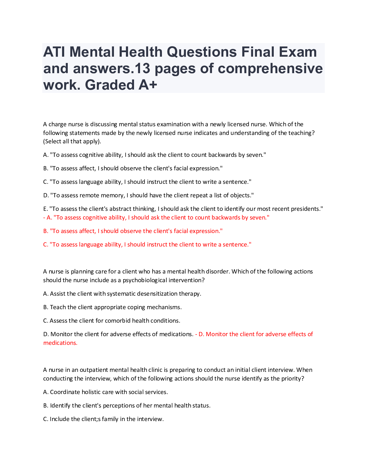 Preview image for ATI Mental Health Questions Final Exam and answers.13 pages of comprehensive work. Graded A+